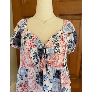 No Boundaries Patchwork Top Womens XXL (19) Short Sleeve Relaxed Fit V-Neck USA‎